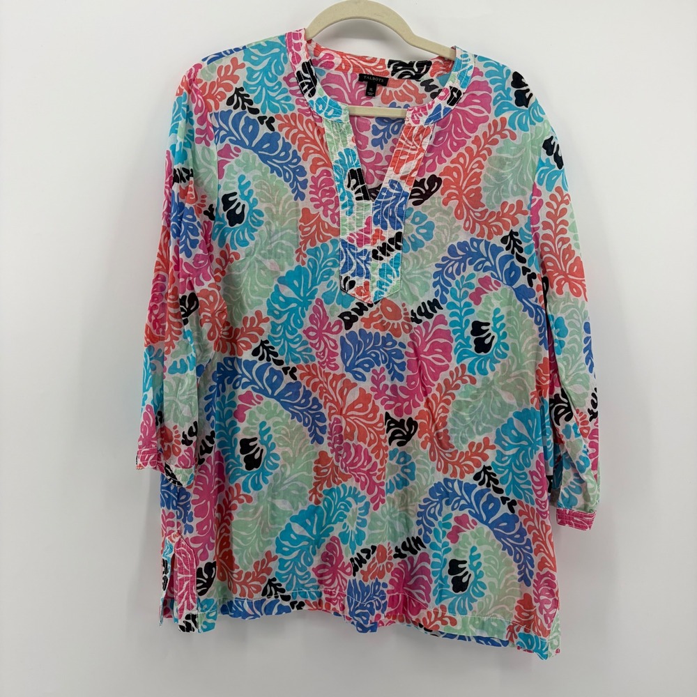 Talbots XL Multicolor Floral Tunic‎ Top 3/4 Sleeve V-Neck Lightweight Cotton